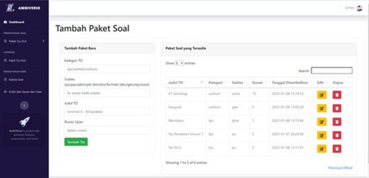 AmbiVerse admin dashboard for adding and managing question packages