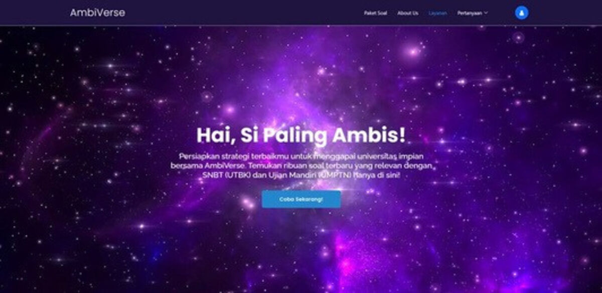 Landing page of AmbiVerse, an exam preparation platform for Indonesian university entrance tests