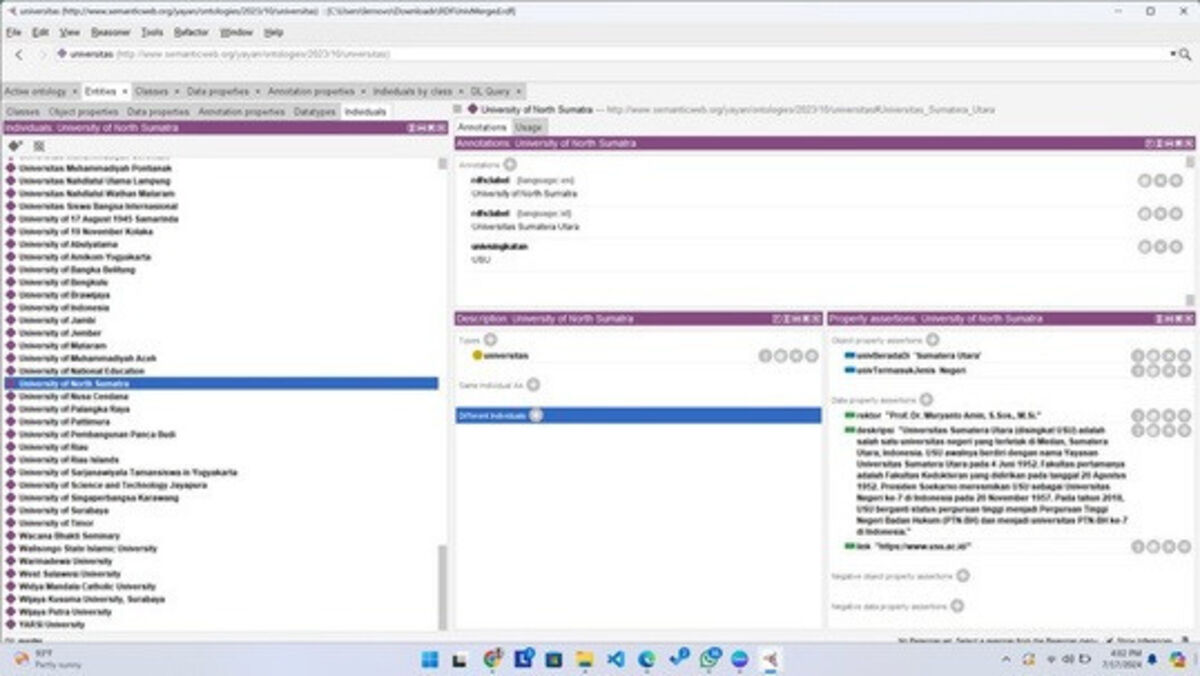 University dataset modeled in Protégé using RDF classes and properties