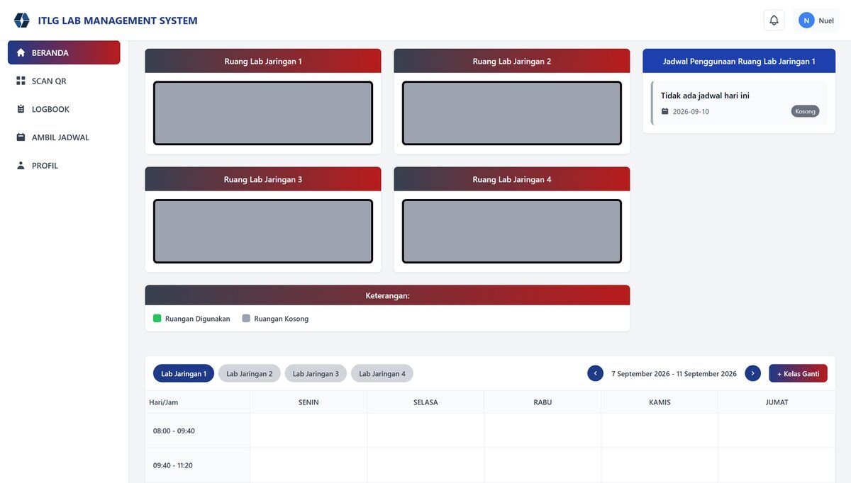 ITLG Lab Management System dashboard showing four lab room statuses and a weekly schedule table